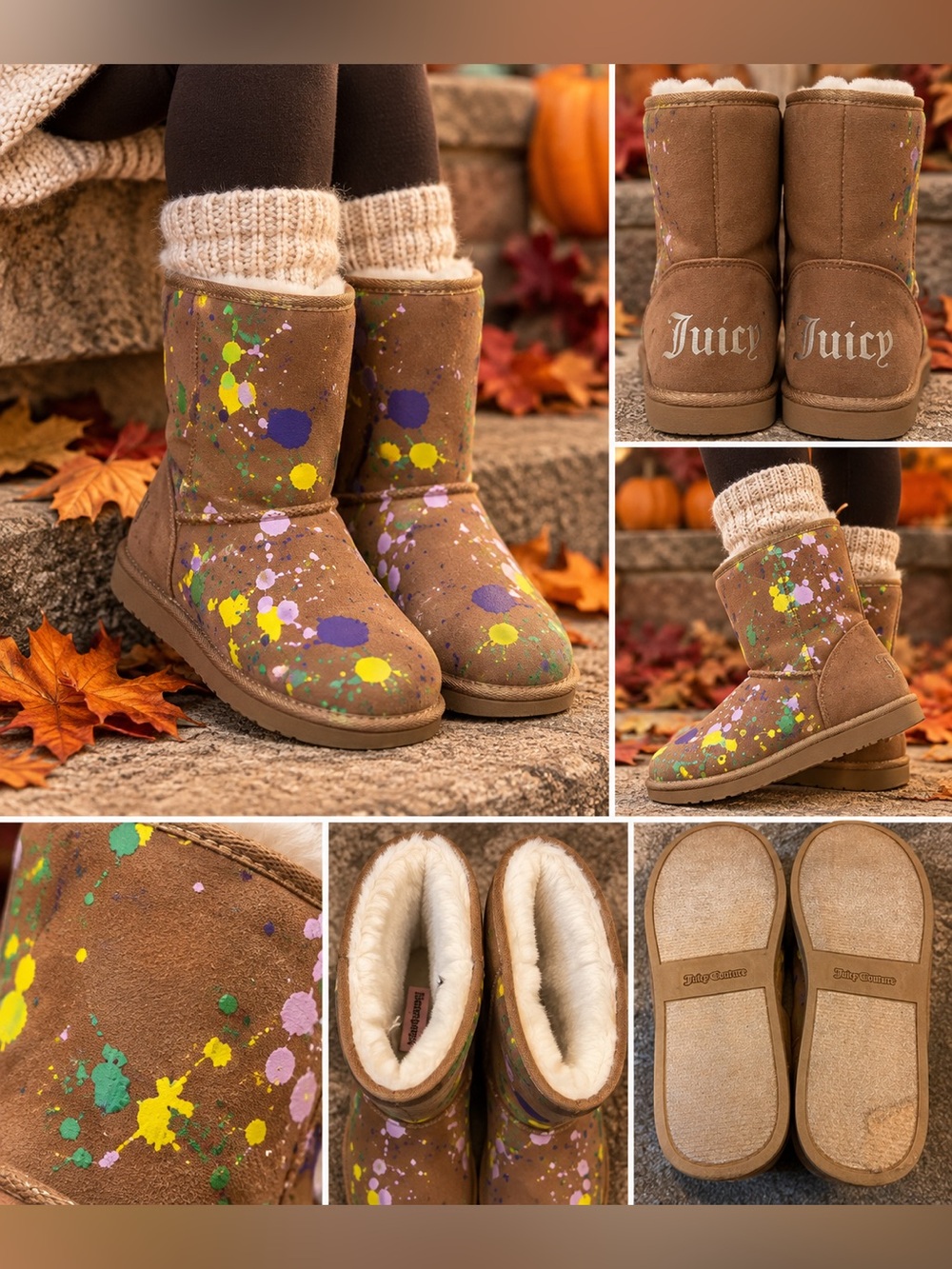 Juicy Couture Brown Suede Boots with Colorful Paint Splatter